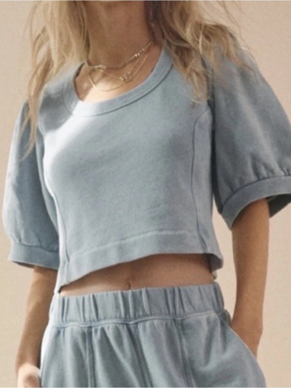 NWT Aerie Seams Right Light Blue Cropped Puff Sleeve Sweatshirt